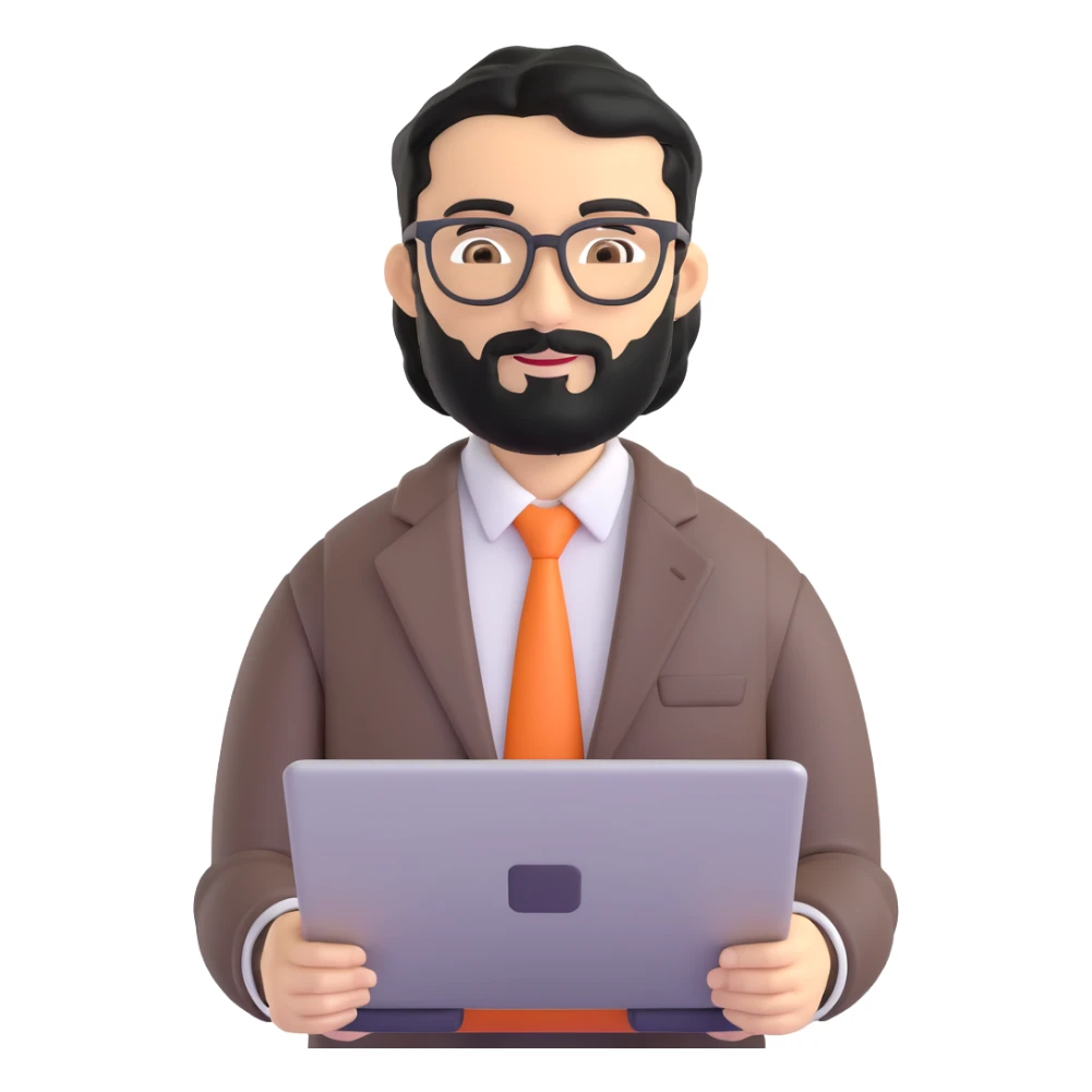 same professional man with medium black beard, neat black hair, connected unibrow, olive tan skin, brown eyes, glasses, prominent nose, in business casual attire, holding laptop under arm sticker