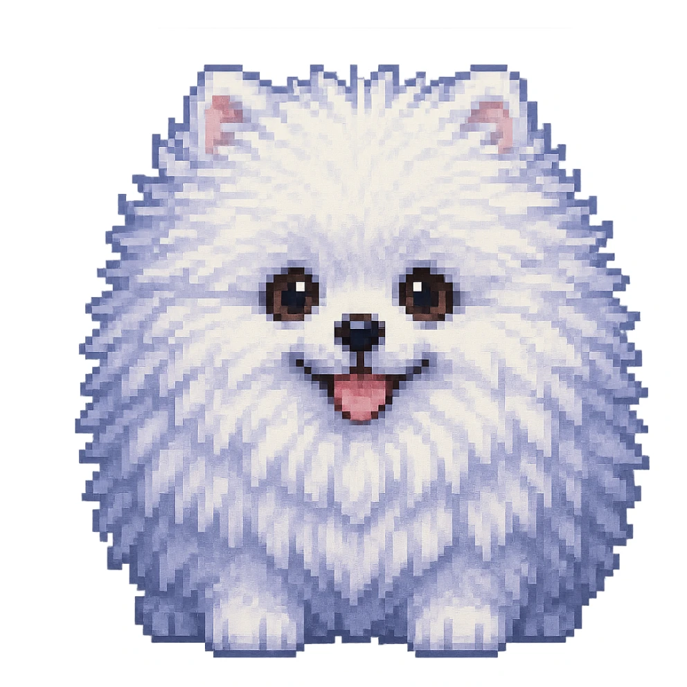 Make the white Pomeranian much fluffier and cuter in pixel art style, with no background. Preserve the pixel art aesthetic and enhance fluffiness and cuteness. sticker