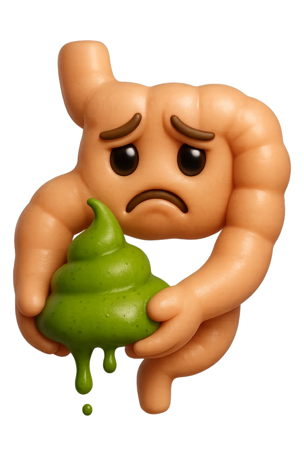 emoji stile iphone 3d di un intestino con espressione triste con cacca verde e liquida in mano , iperrealistiche 4k sticker
