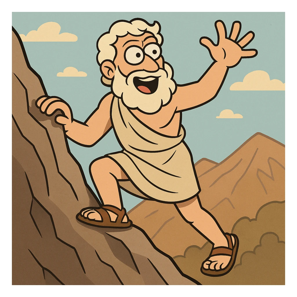 Ancient philosopher Plato scaling a mountain, energetic pose, cartoon style sticker