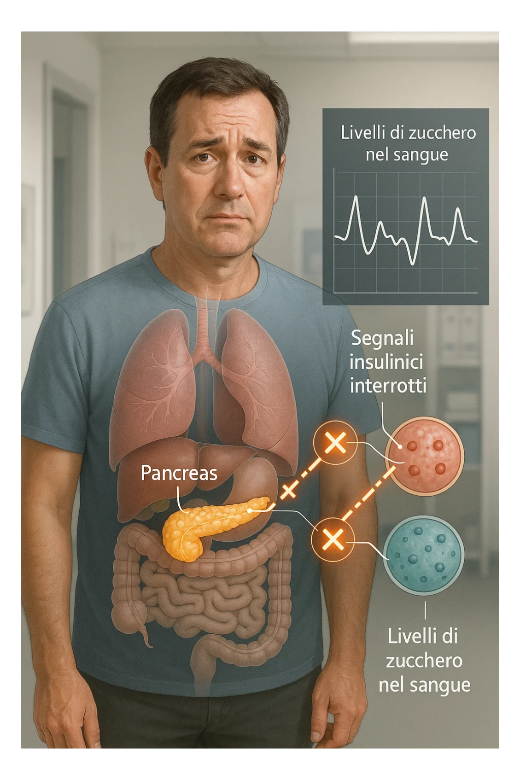 a middle-aged man stands in a clinical setting, with a semi-transparent overlay showing his internal organs. His pancreas is highlighted, and glowing lines or icons indicate disrupted insulin signaling between the pancreas and muscle or fat cells. The man’s expression is slightly concerned, and a digital chart beside him displays fluctuating blood sugar levels. The lighting is realistic, with a clean, modern medical background. scritte in italiano sticker
