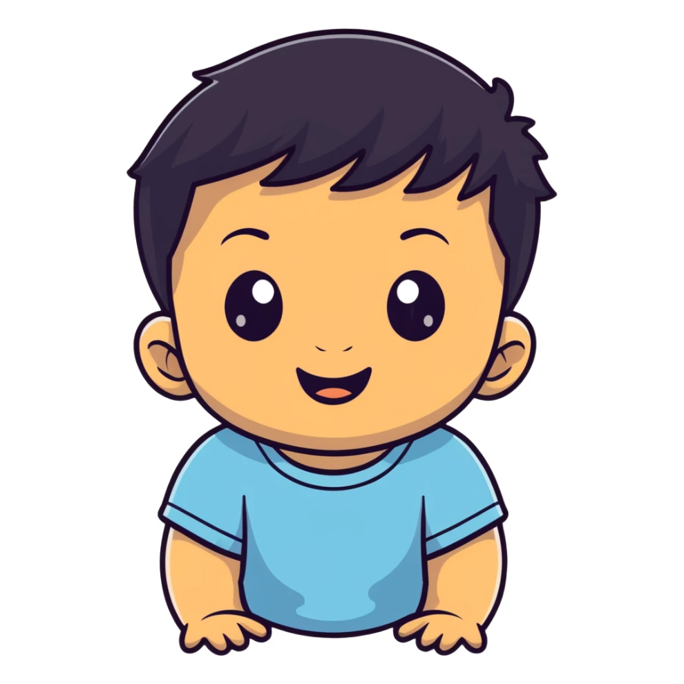 Smiling baby boy face with big eyes, medium skin tone, and black hair sticker