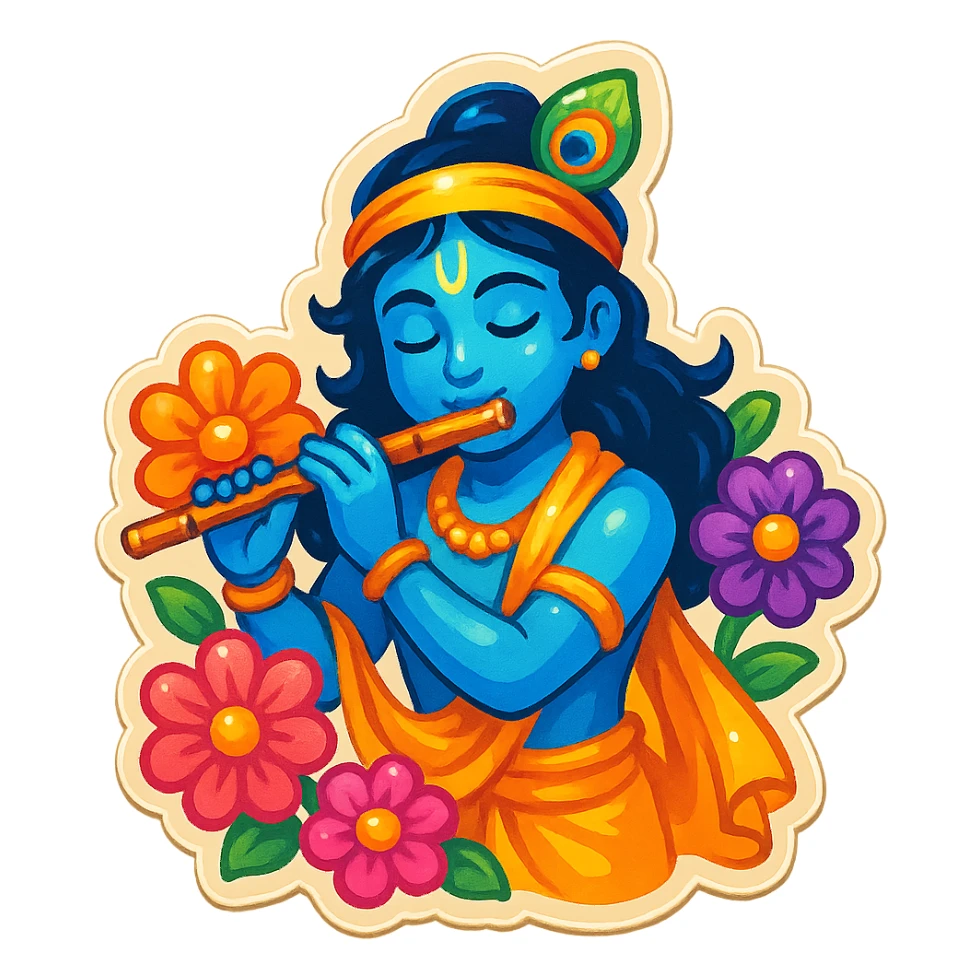 Hare Krishna themed sticker, Krishna playing a flute, surrounded by flowers, no text sticker