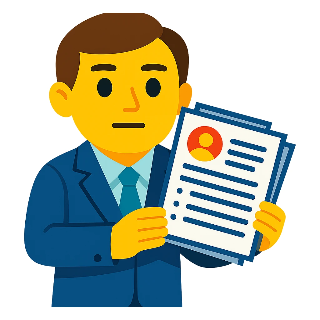 A recruiter holding a resume with a neutral expression (not sad or happy) in vibrant toon style, no background. sticker
