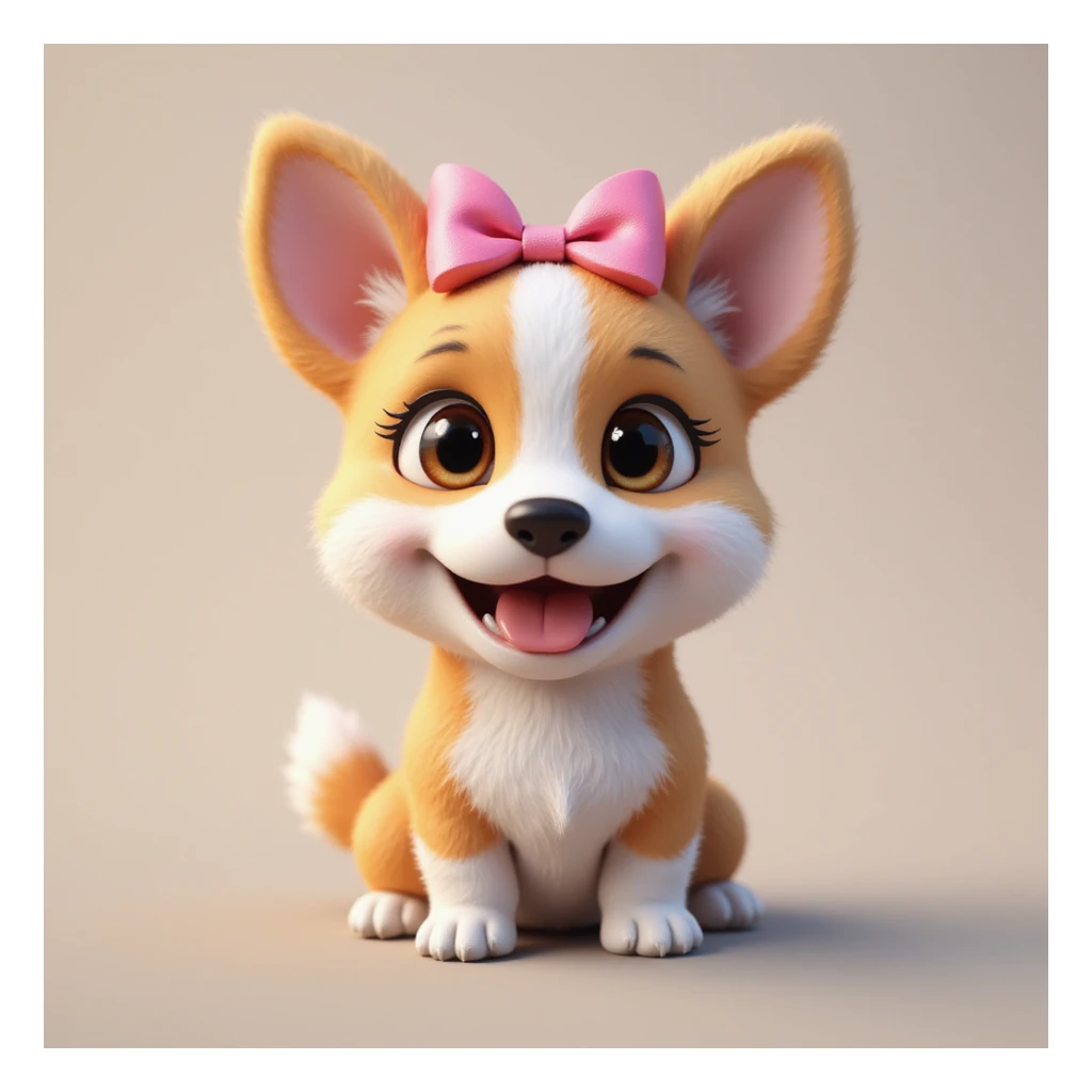 photorealistic female corgi with a pink bow on her head, cheerful expression, fluffy fur sticker