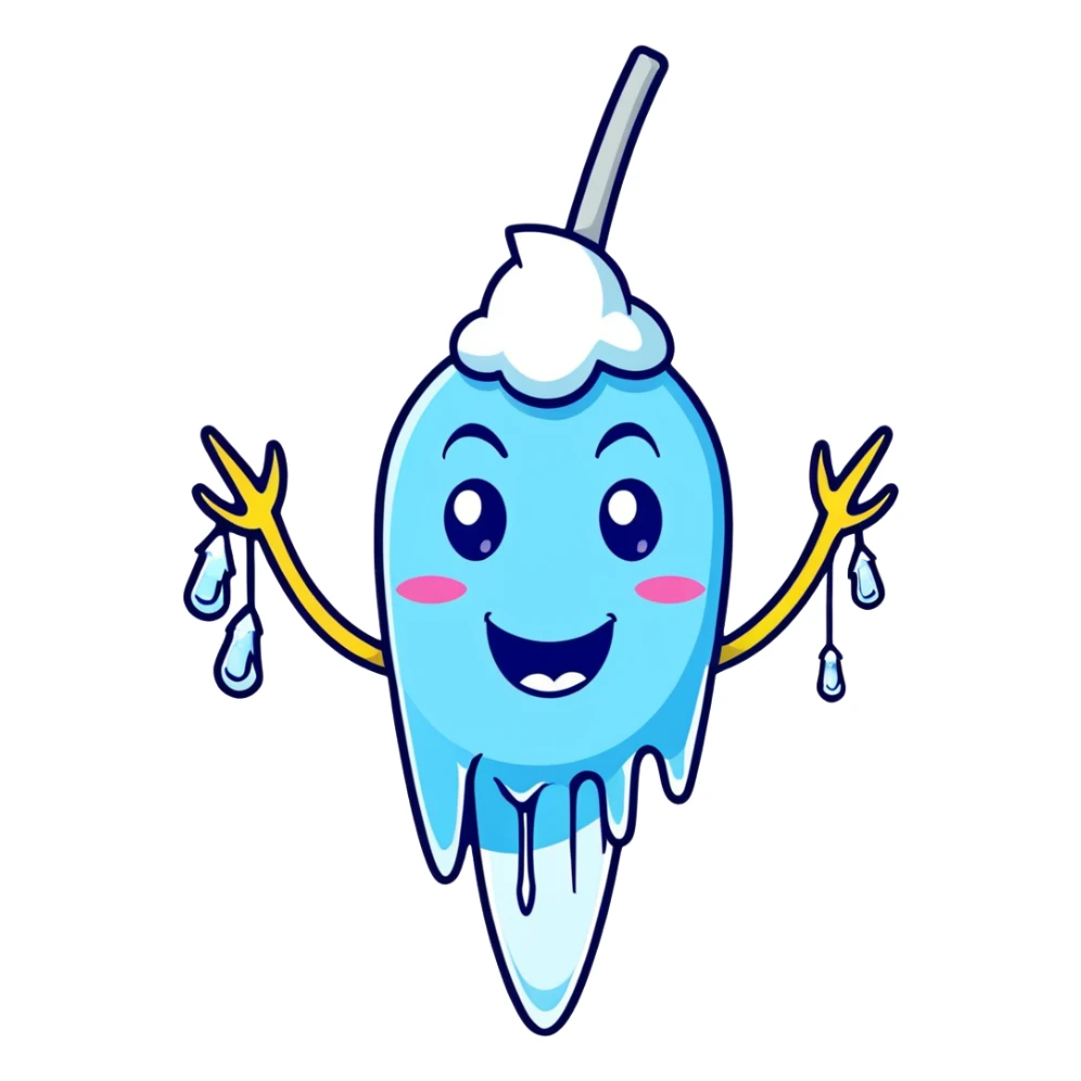 Cartoon character with blue face, frozen icicles, chattering teeth, freezing expression sticker