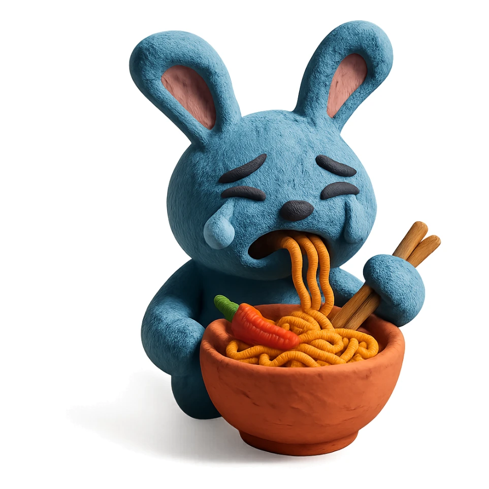 blue bunny crying while eating spicy ramen, claymation style sticker