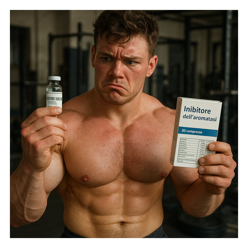 realistic young bodybuilder in gym holding a vial labeled 'Testosterone' and a box labeled 'Inibitore dell'aromatasi', all text and tables in Italian, doubtful expression, swollen muscles but red skin, messy gym background, 4K quality sticker