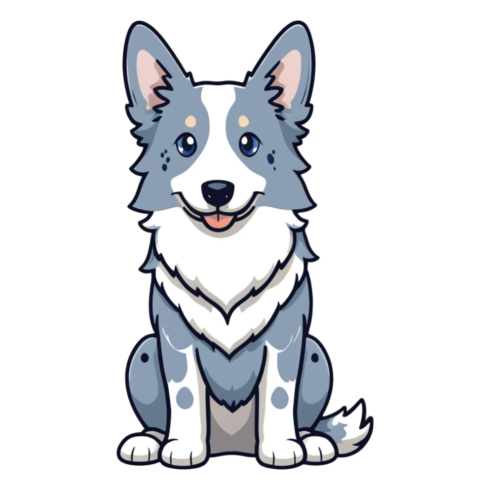 A merle border collie dog sitting, with blue and gray spotted coat, alert ears, and friendly expression sticker