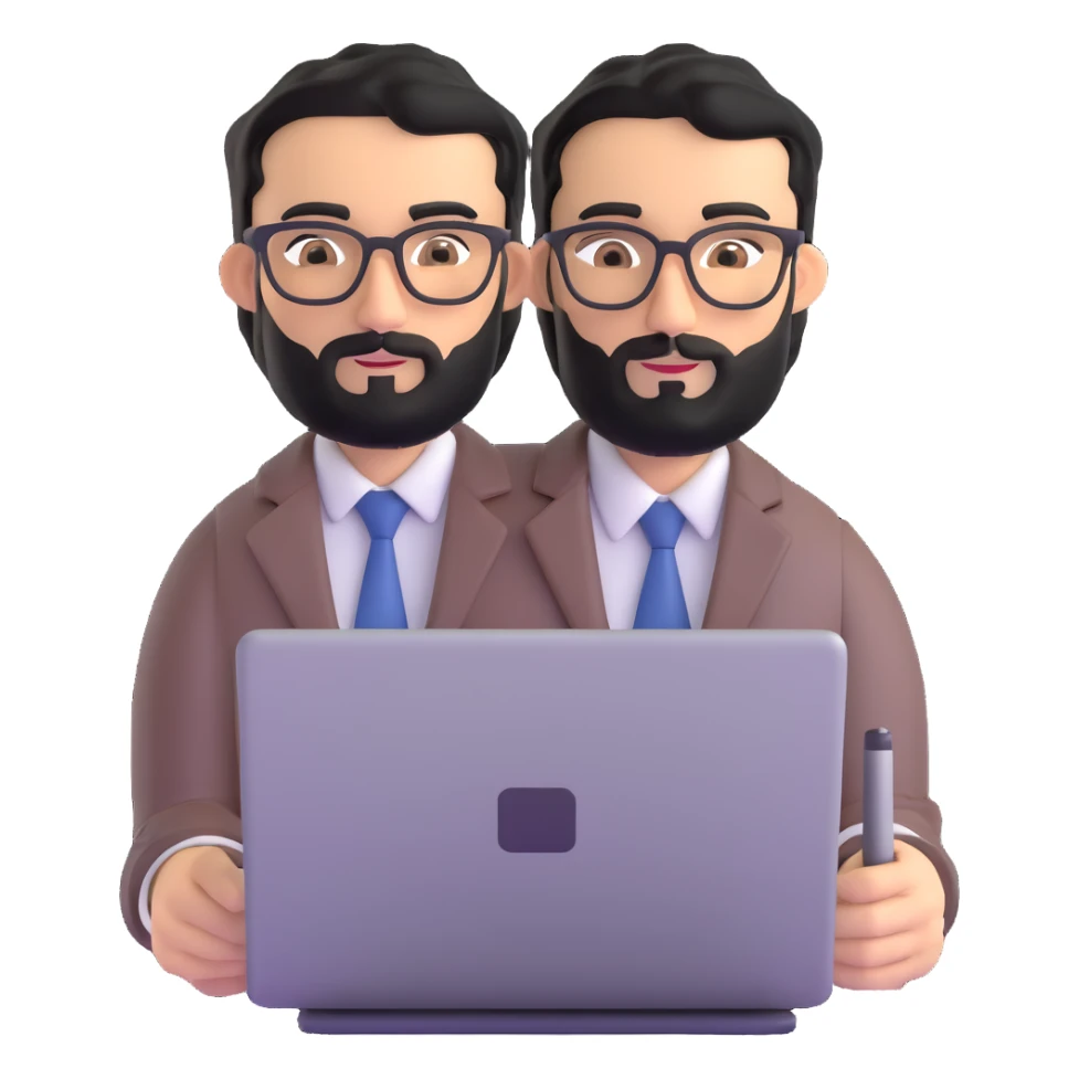 single professional man with medium black beard, neat black hair, connected unibrow, olive tan skin, brown eyes, glasses, prominent nose, wearing clean business casual attire, holding a laptop, centered portrait sticker