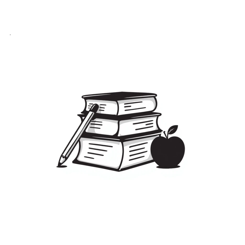 Stack of textbooks with pencil and apple sticker