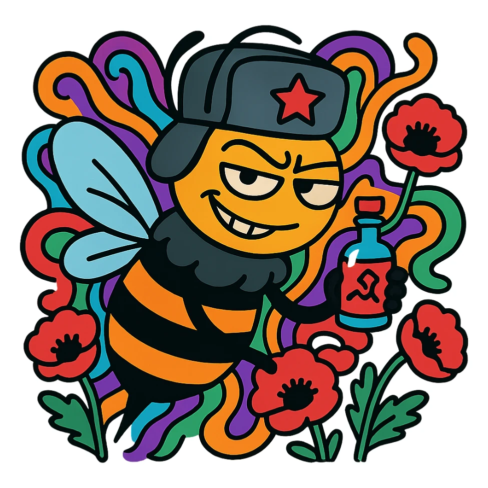 cartoon bee with a Russian vibe, wearing a ushanka hat, looking mischievous with a sly grin, holding a tiny bottle labeled with a mysterious symbol, surrounded by psychedelic swirls and poppy flowers sticker