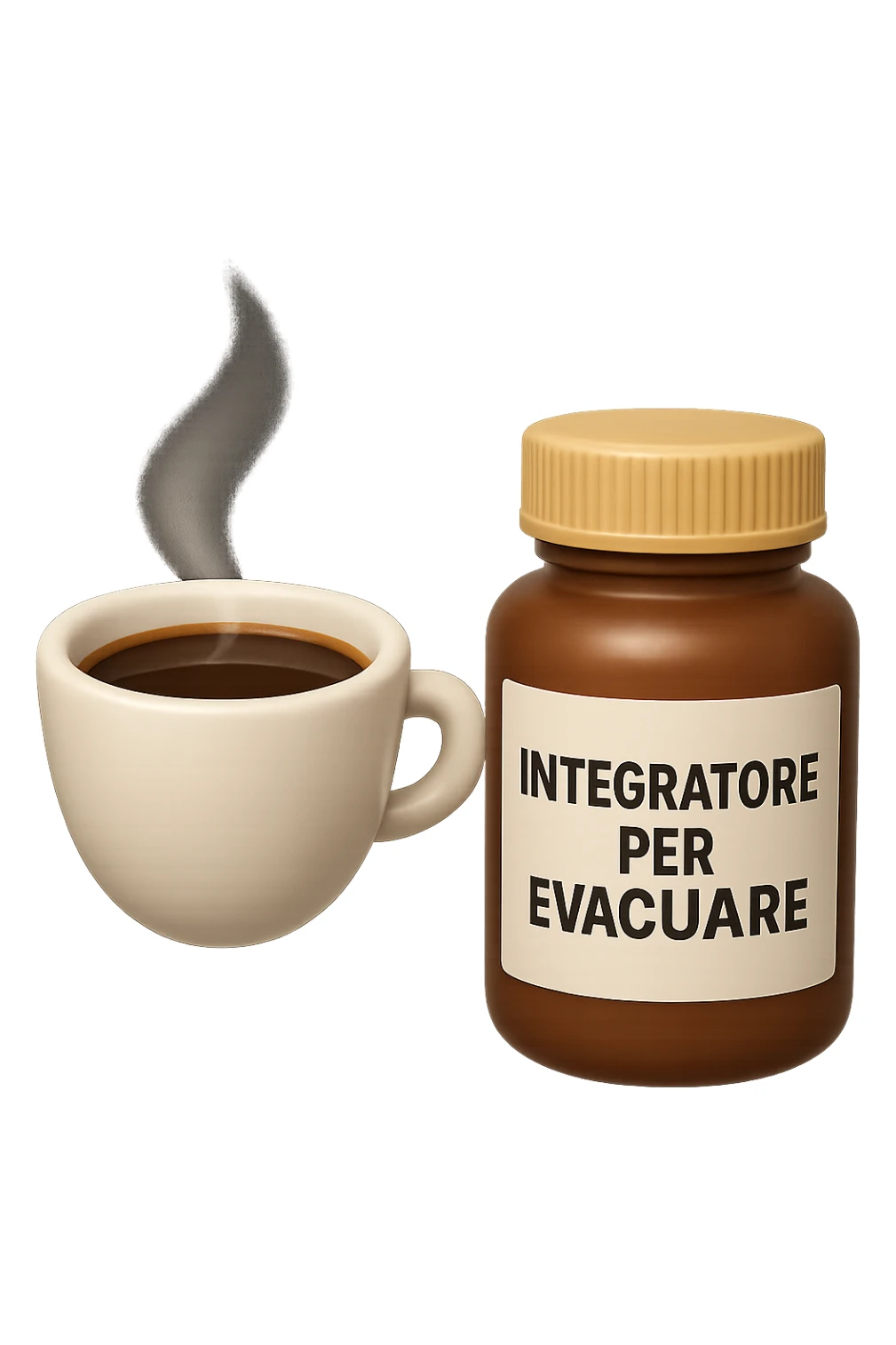 EMOJI STILE IPHONE 3D DI un caffè e di una boccetta di integratore con la scritta "INTEGRATORE PER EVACUARE" SULL'ETICHETTA CHE FLUTTUANO IN ARIA, iperrealistico 4k sticker