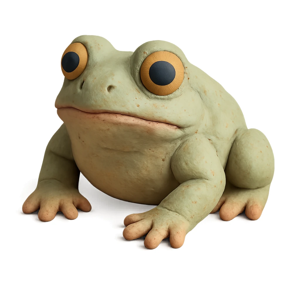 realistic bufo frog doll, claymation style, visible fingerprints, pastel colors, no background sticker