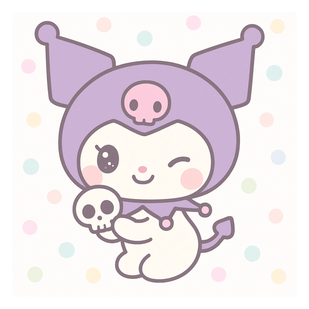 Kuromi character, kawaii style, winking, holding a skull sticker