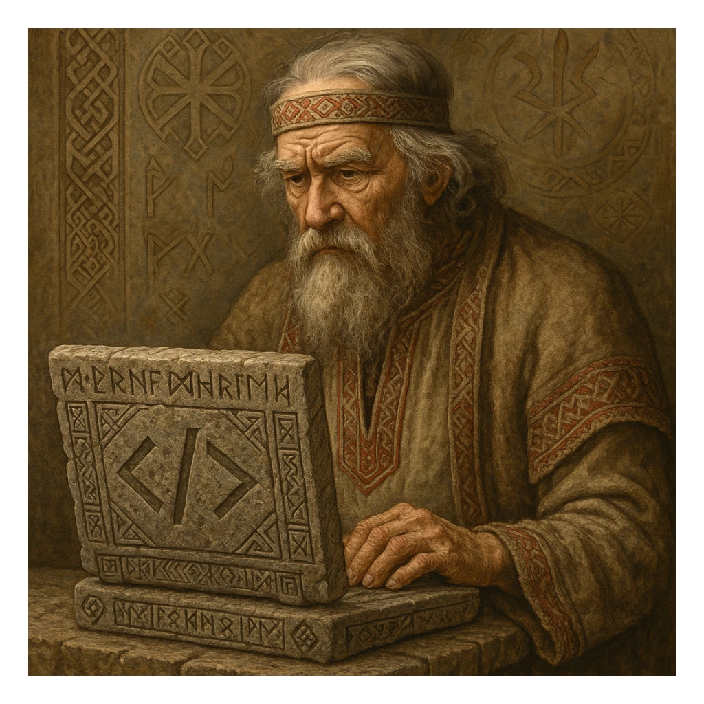 Old Slavic programmer with a laptop made of stone, detailed, expressive sticker