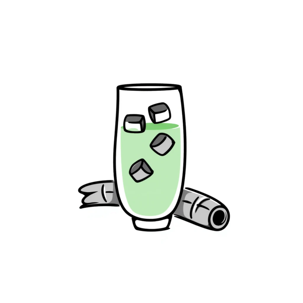 Hand-drawn glass of sugarcane juice with ice cubes, light green liquid, and a piece of sugarcane beside it sticker