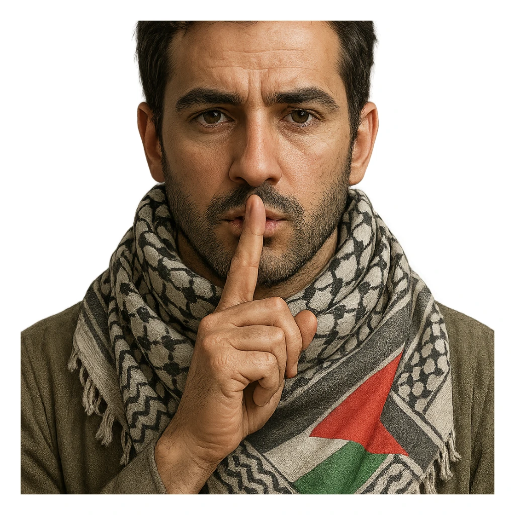 a person making a 'shh' gesture with a finger on their lips, wearing a Palestinian kufiya scarf, with the Palestinian flag subtly incorporated into the design, detailed, realistic, subtle colors sticker