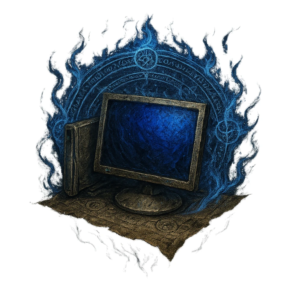 Design the Windows 'My Computer' icon as an Elden Ring incantation with a transparent background. Feature the computer as a relic on a floating parchment, with blue magical flames and runic circles, in a dark fantasy style. 1080 x 1080 format. sticker