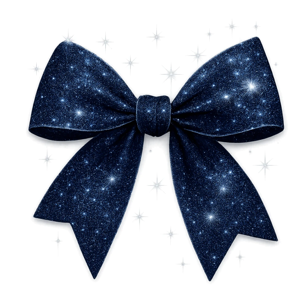 Add extra glitter and sparkling effects to the midnight bow crafted from rich navy fabric, highlighted with silver threads and a gentle moonlit shine. Keep the background transparent. Maintain the look of a midnight bow with rich navy fabric and silver threads. sticker