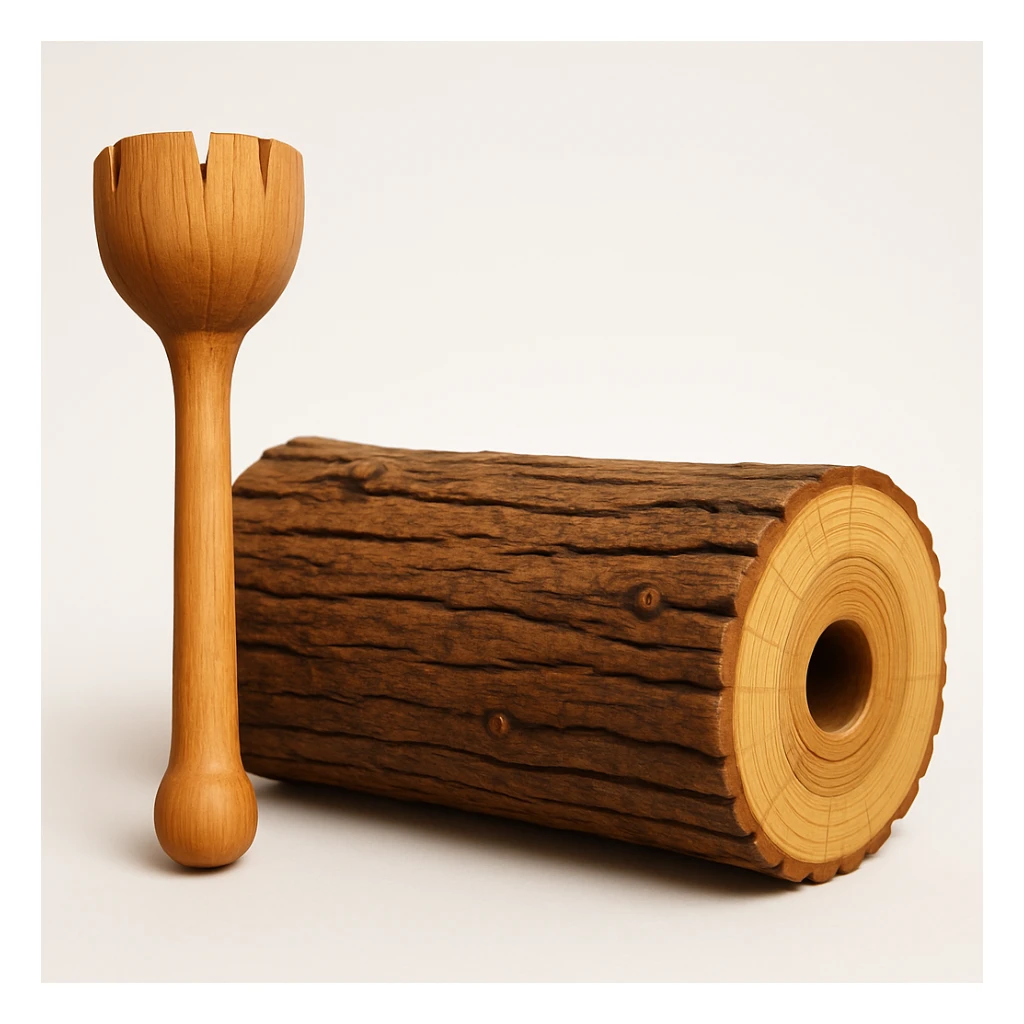 Make the wooden trunk more realistic and colorful, remove any human features such as eyes and mouth, keep the small mallet, and maintain a white background. Style should be realistic and colorful. sticker