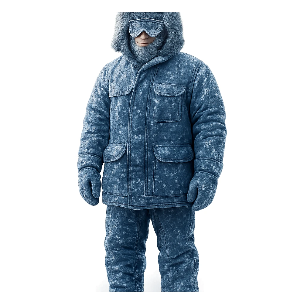 a scientist bundled up in extreme cold weather gear, wearing goggles, thick parka, gloves, and snow boots, only face partially visible, standing in snow sticker