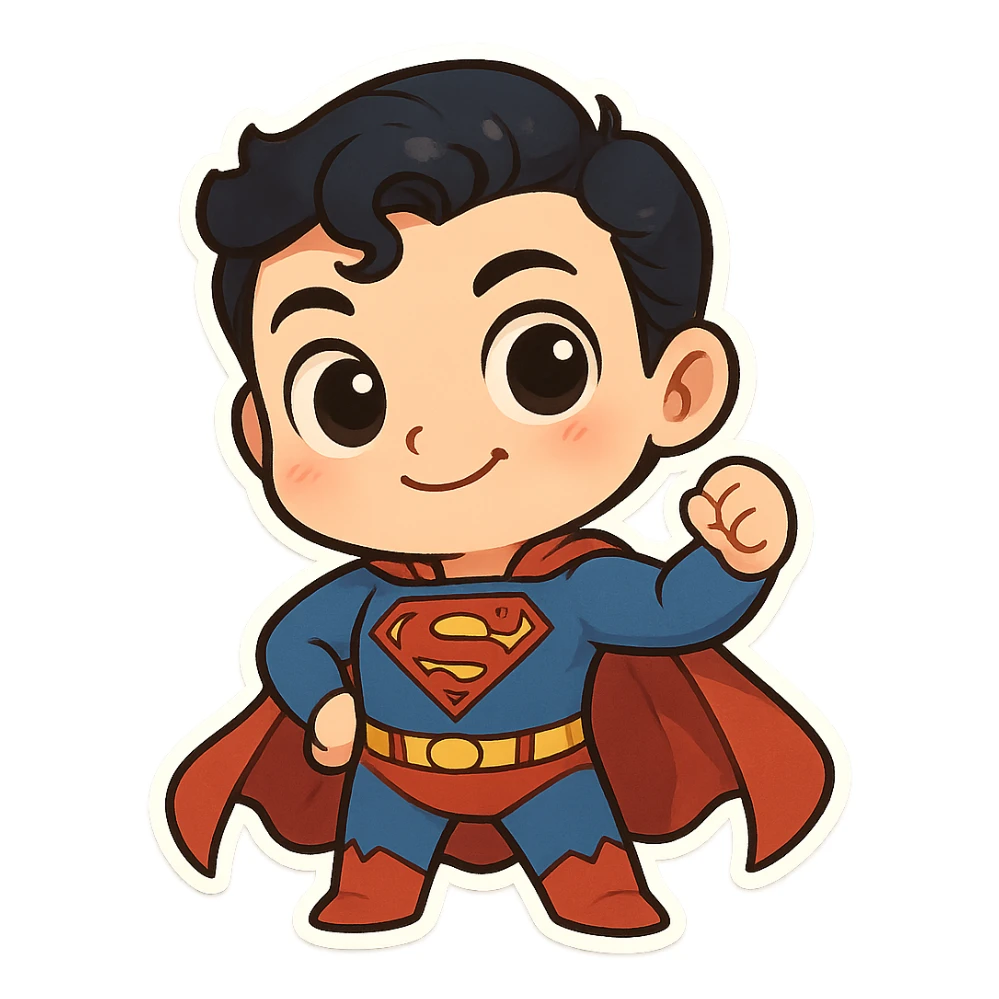 Superman character, big round eyes, playful look, cute, whimsical sticker