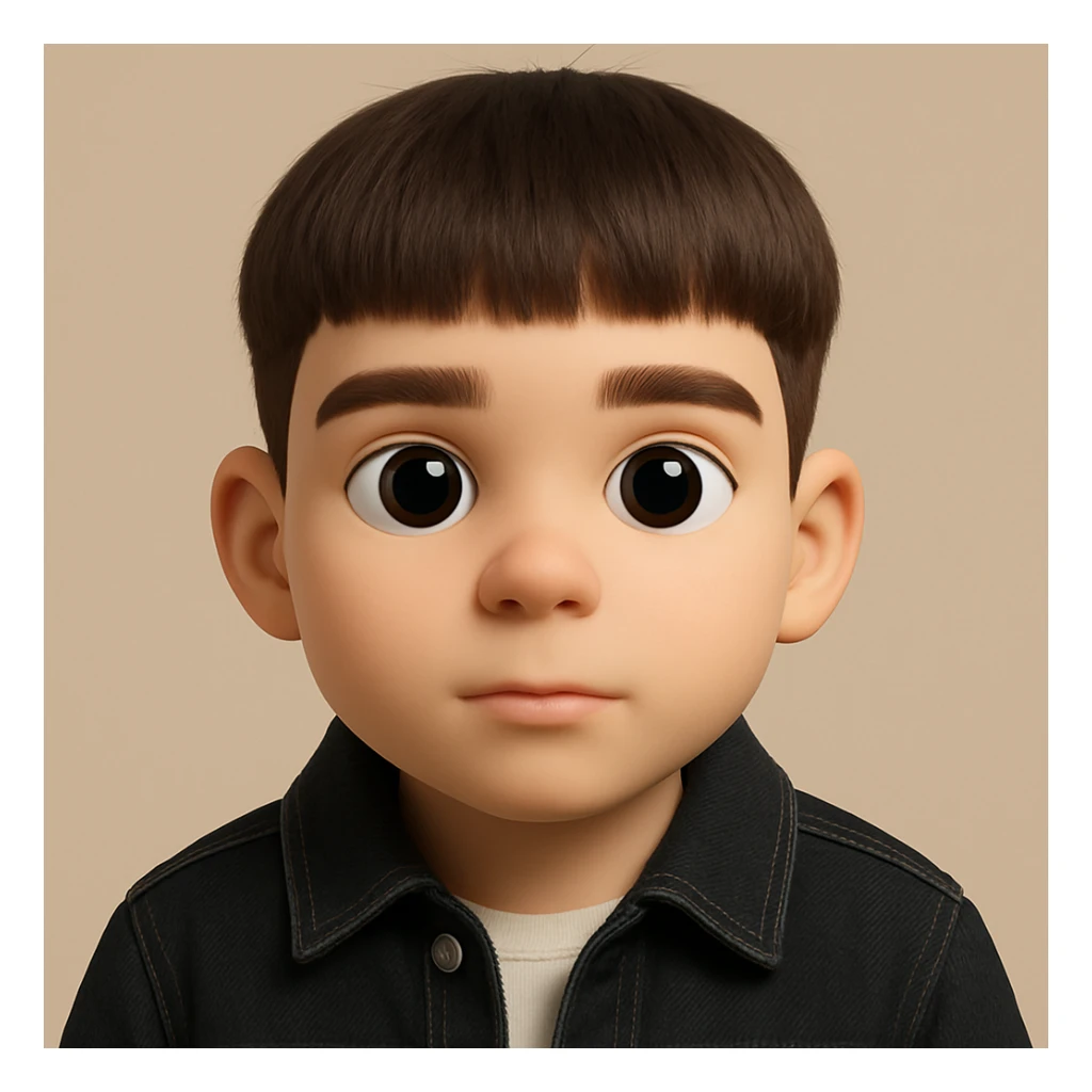 Create a realistic 3D emoji based on the photo with large eyes, preserving facial details, without pimples and mustache, wearing a black denim jacket. The style should resemble a 3D emoji look. sticker