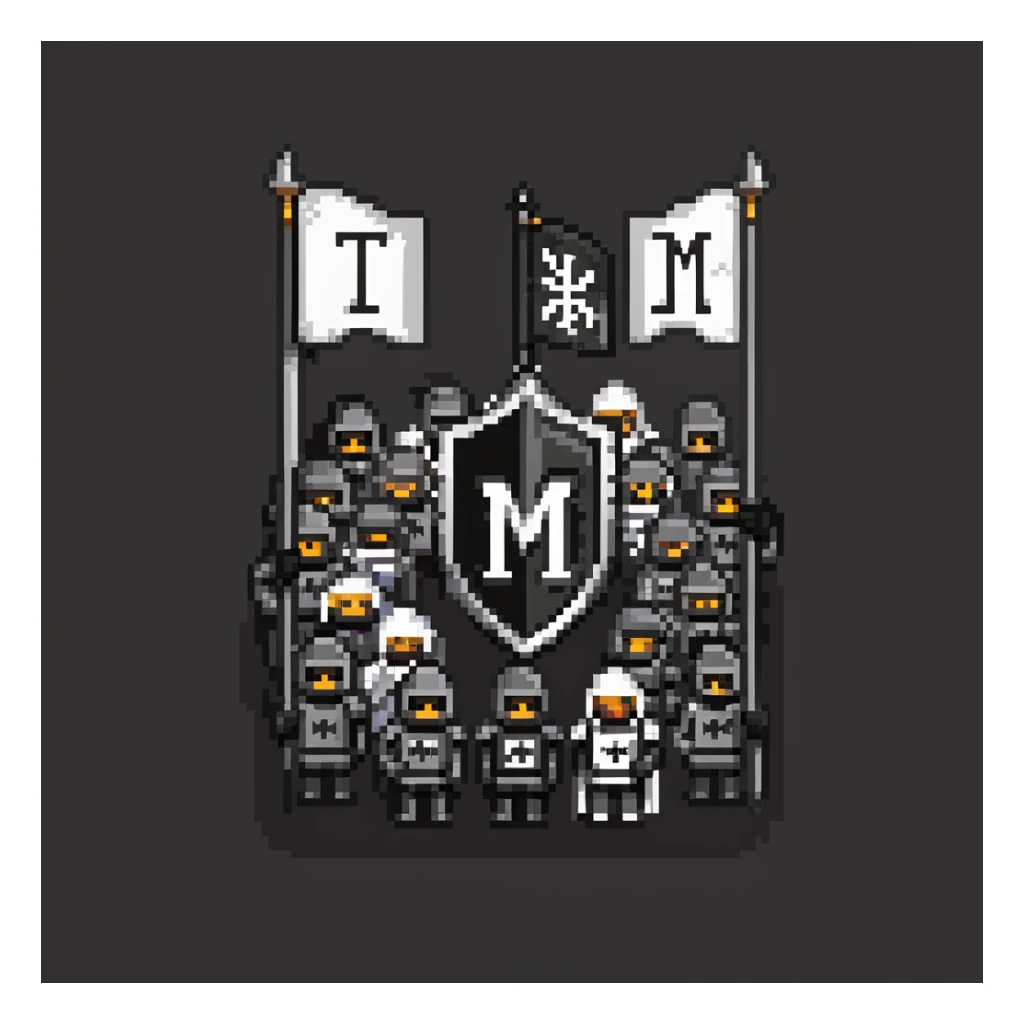 crowd of black knights with a black flag with letter M sticker