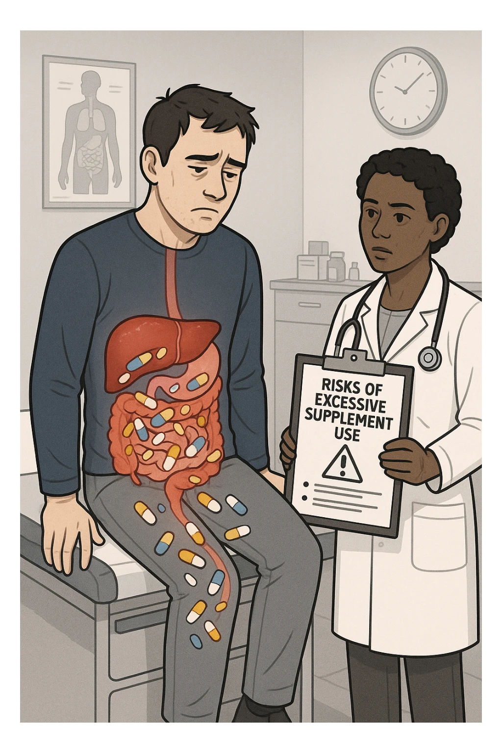 a man sits on a doctor’s examination table, looking fatigued and uncomfortable. A transparent anatomical overlay reveals his liver and intestines, both appearing inflamed and congested, with stylized supplement capsules and pills scattered throughout the digestive tract. The doctor stands nearby, holding a chart that highlights the risks of excessive supplement use. The mood is clinical and educational. sticker