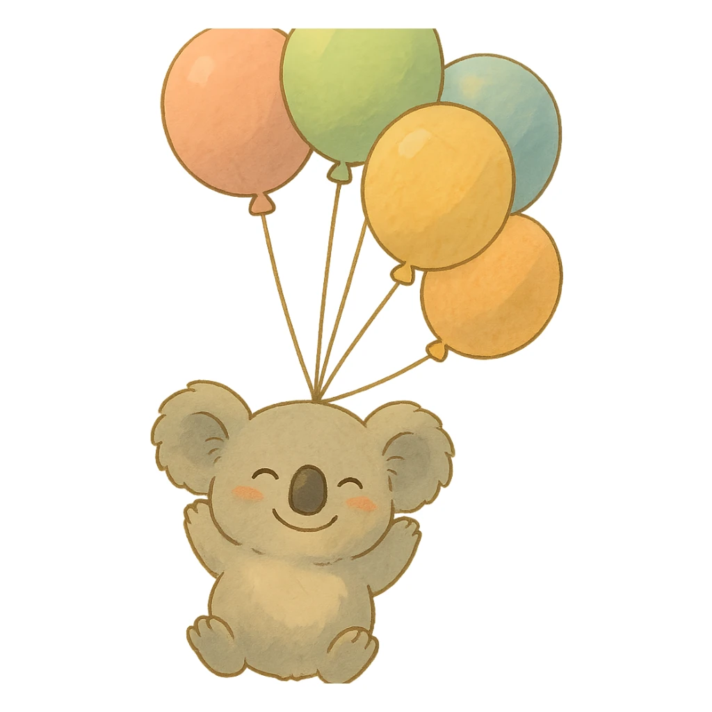 koala floating with pastel balloons, happy face, soft Ghibli style sticker