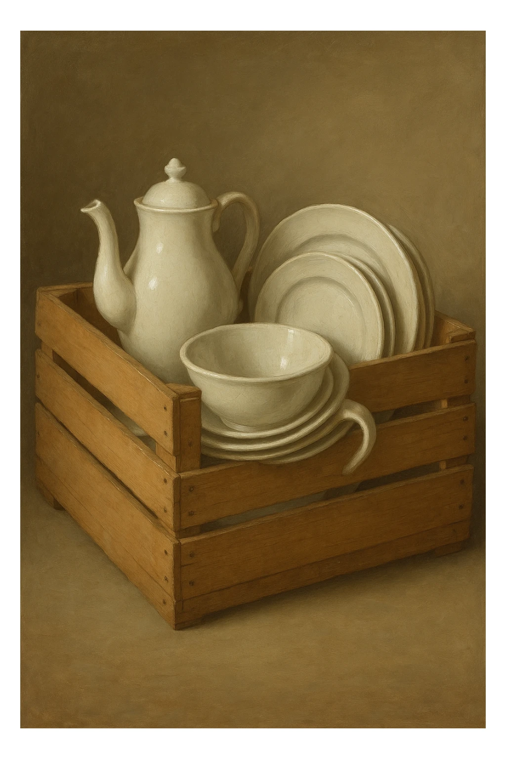 Сгенерируй мне деревянный ящик с фарфоровой посудой в стиле реалистичной живописи, на однородном фоне sticker