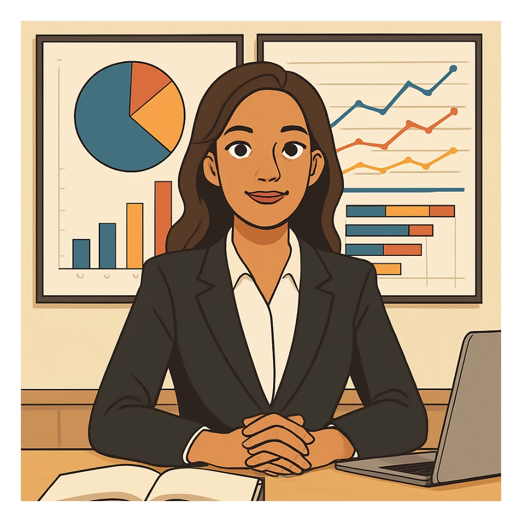 Convert this image to a cartoon style with a confident, successful CEO vibe. The girl should have slightly longer hair and lighter skin tone, maintaining her confident expression and professional appearance. sticker