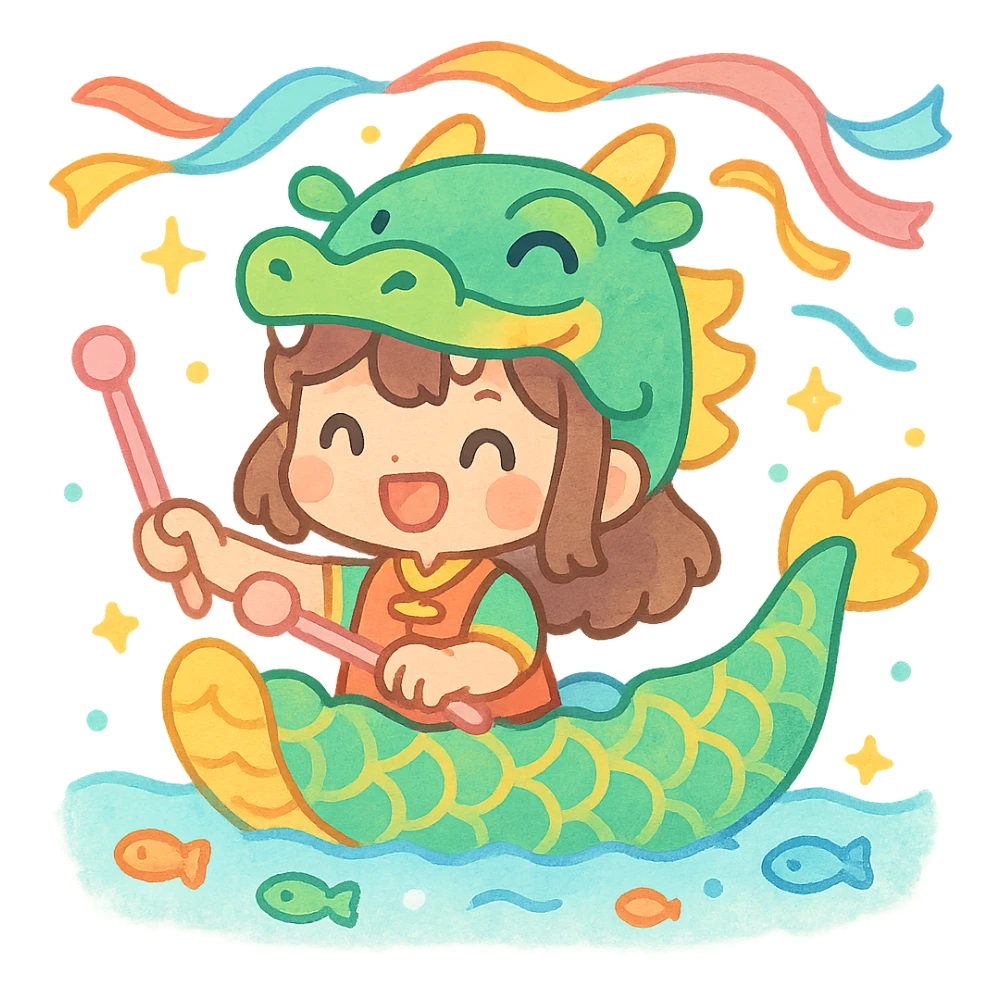A chibi girl dressed as a dragon boat drummer, holding soft pastel drumsticks, standing in a fluffy dragon boat, colorful festival ribbons flying, sparkles and cute mini fish swimming below, soft pastel colors, watercolor texture, transparent background sticker