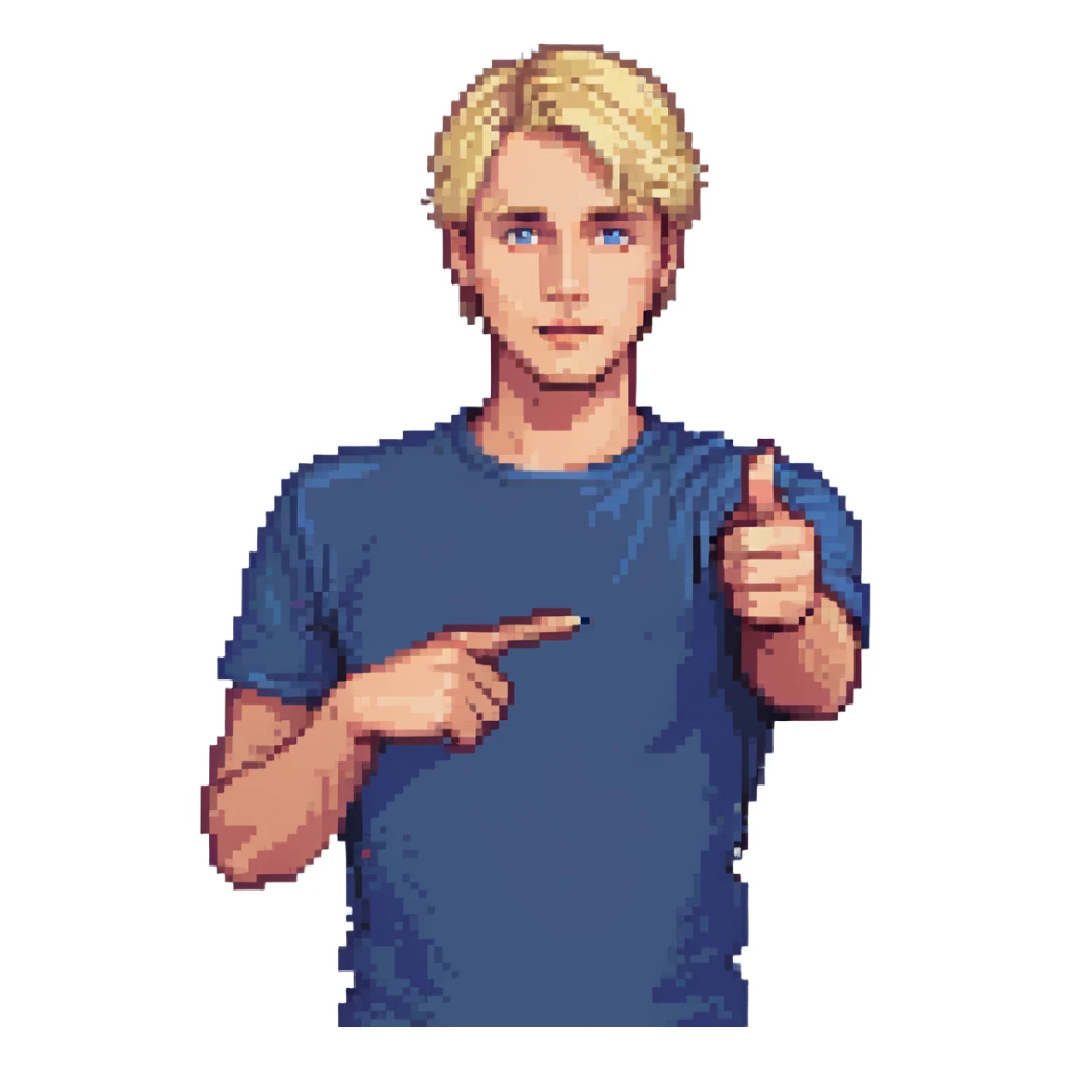 Flat pixel art, confident male leader, Caucasian, short neat blonde hair, sharp eyes, indigo T-shirt, one arm raised pointing out, waist-up, front-facing sticker