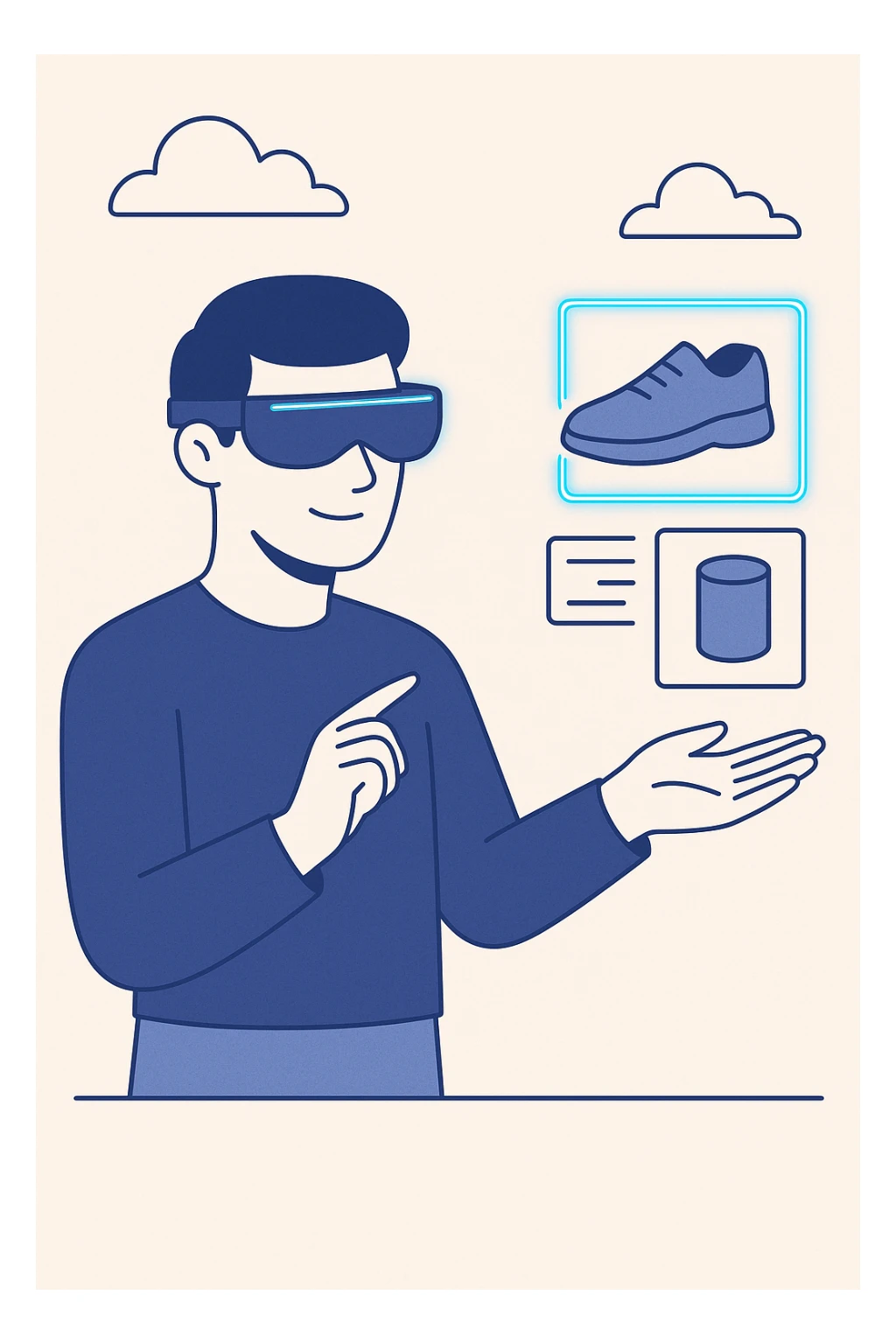 sleek minimalist illustration showing a marketer using augmented reality glasses to interact with 3D product ads, neon accents, clean tech-inspired look sticker
