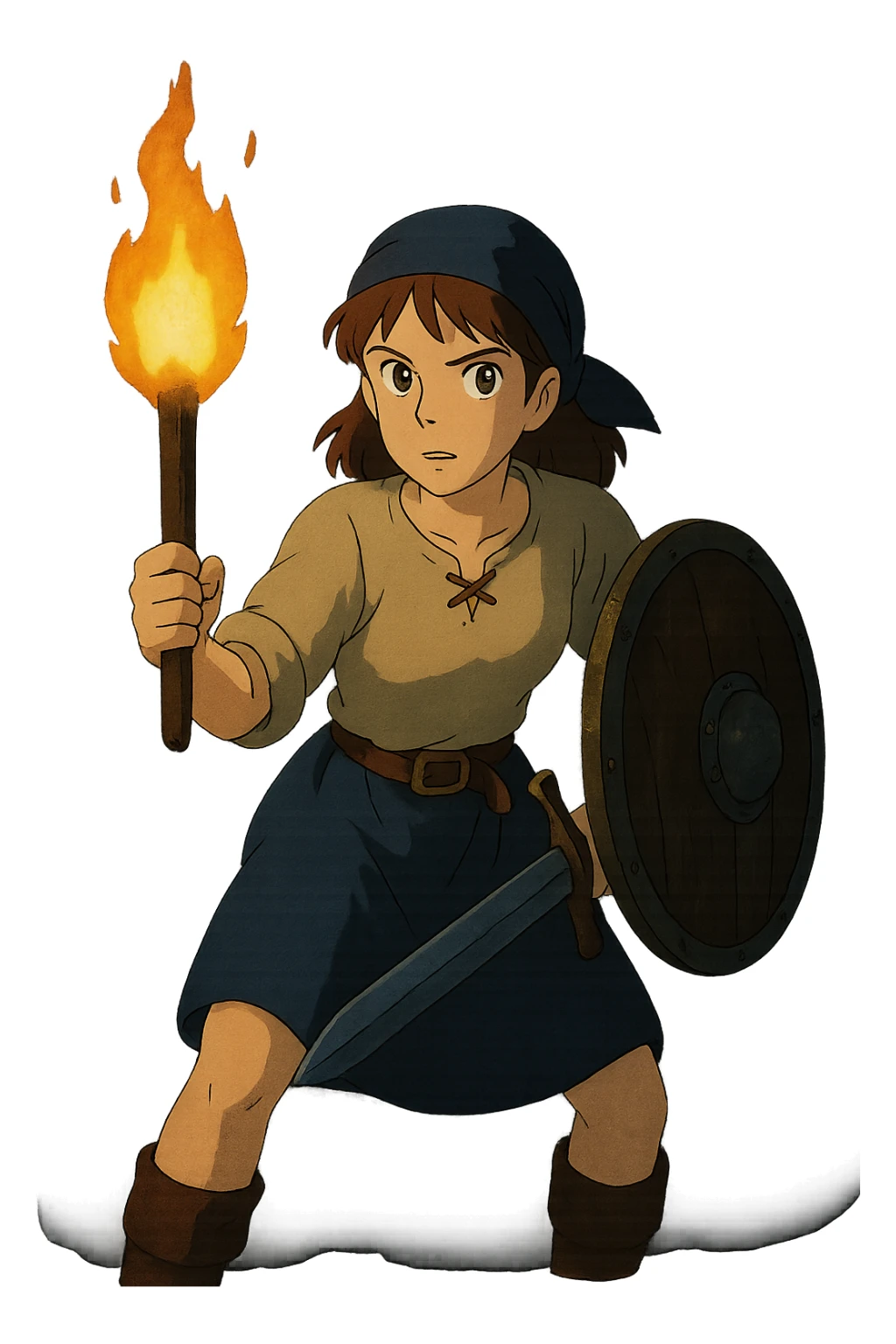 a warrior maiden with a sword and shield, common tavern clothing, eye gleam, defense stance, repose, amid darkness of midnight, holding only a torch sticker