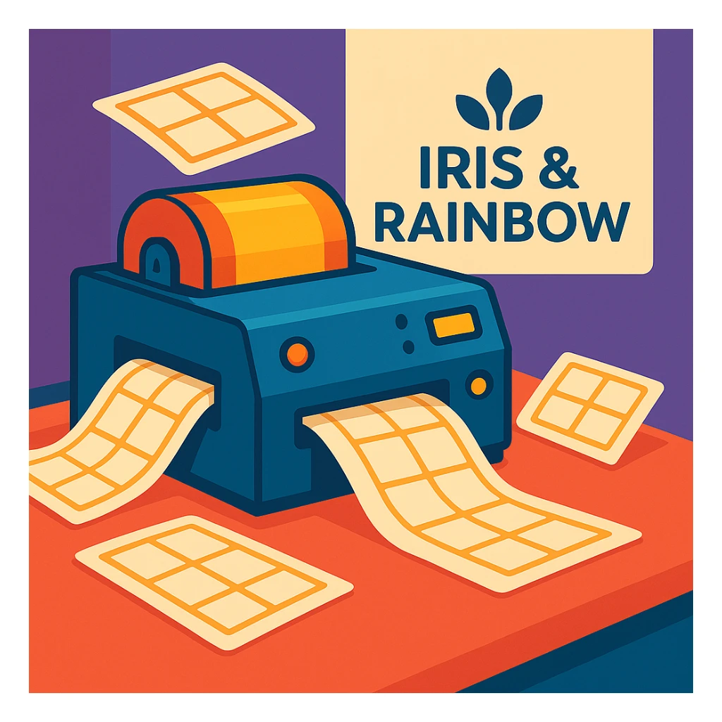 Change the background color behind the 'Iris & Rainbow' logo to purple. Do not add a rainbow to the logo. Keep the rest of the scene the same: a busy label printer in action, sheets of labels coming out, stylish logo. sticker