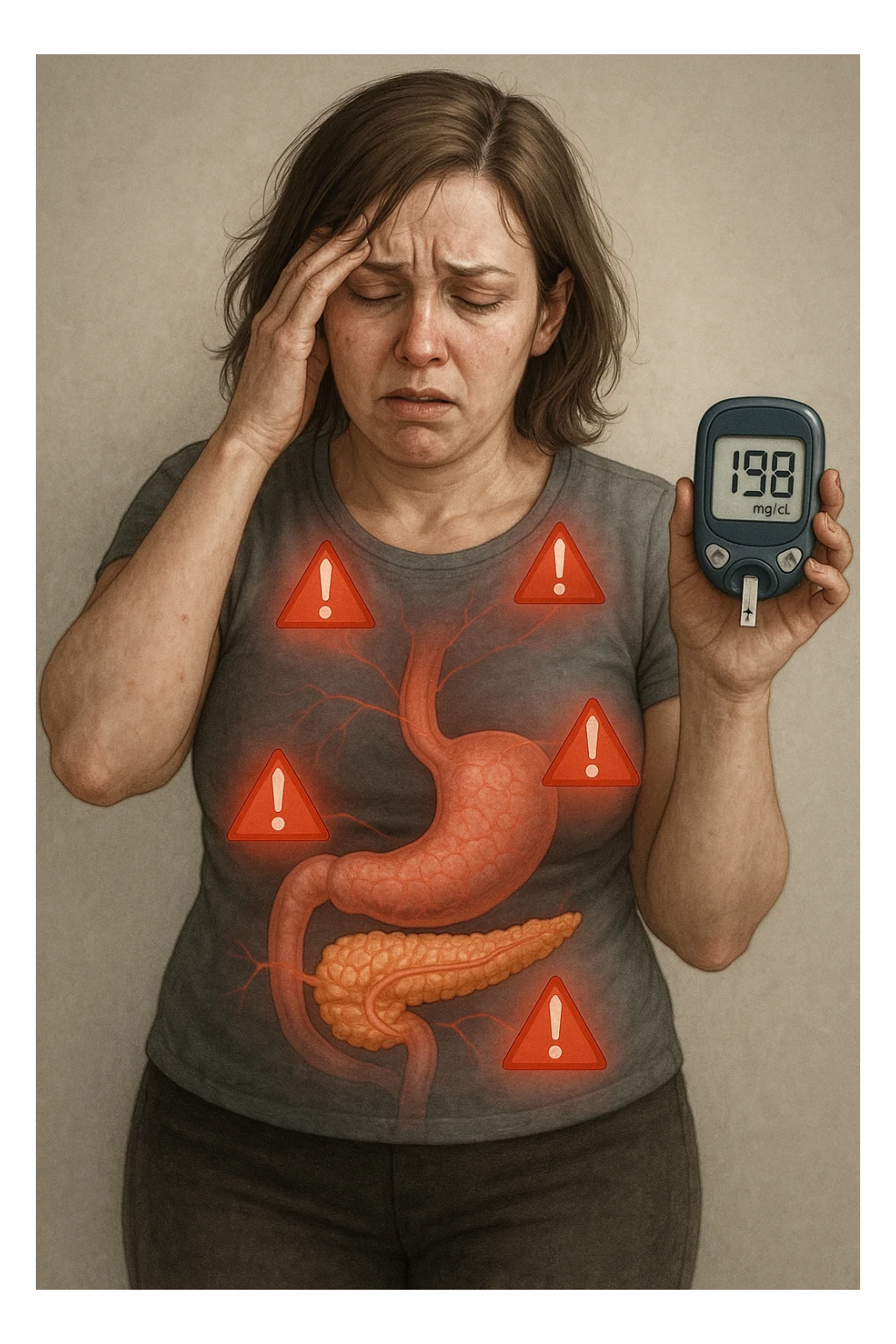 "Woman struggling with worsening insulin sensitivity, blood sugar spikes visualized as red warning signals throughout her body, expression of energy crashes and sugar cravings, pancreas working overtime shown in transparent overlay, pre-diabetic progression despite dietary efforts, metabolic syndrome symptoms accumulating, glucose meter showing increasingly concerning readings" scritte in italiano sticker