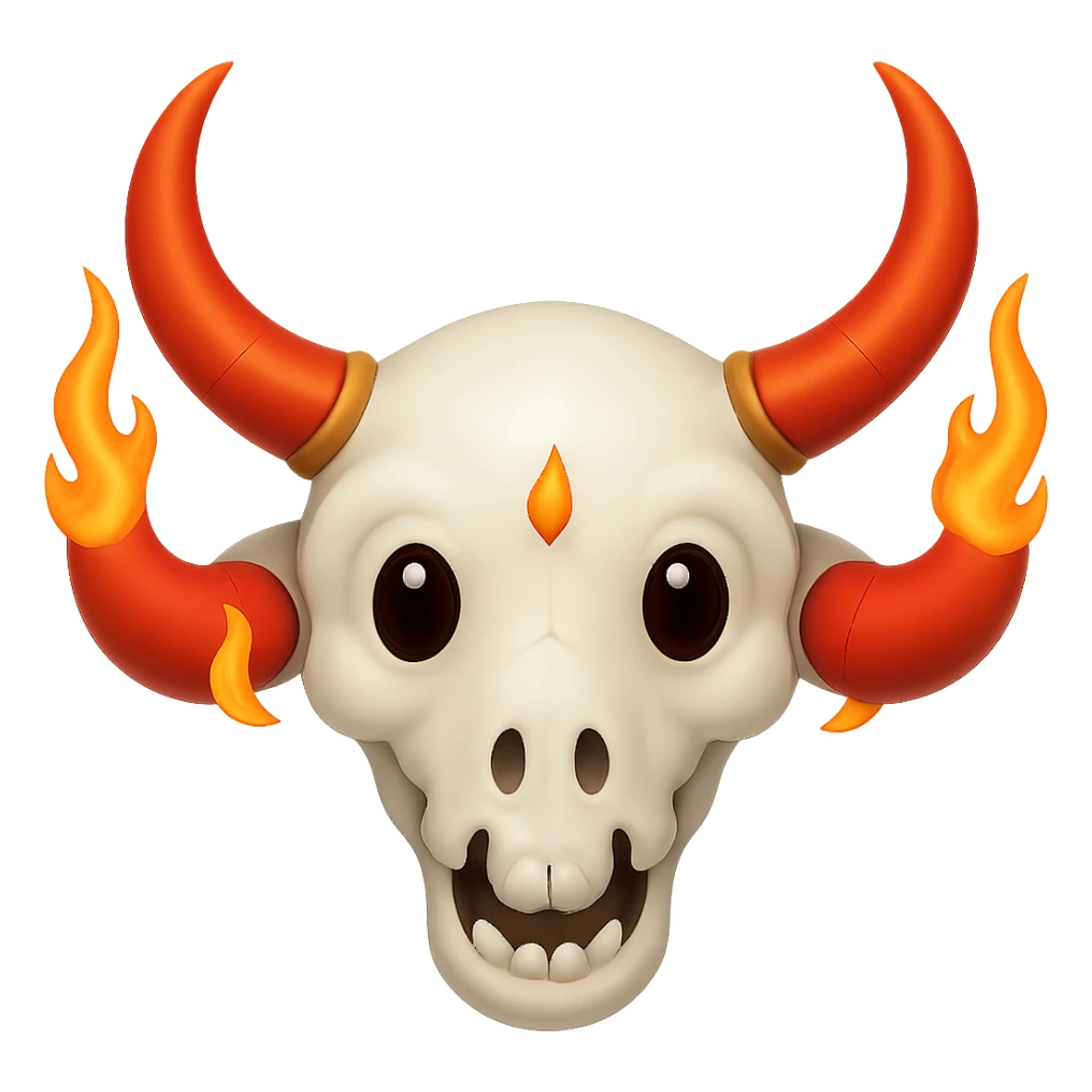 Make the white bull skull with bright red-orange flaming horns look less scary, give it a friendly and approachable expression, keep the style consistent. Remove the background. sticker