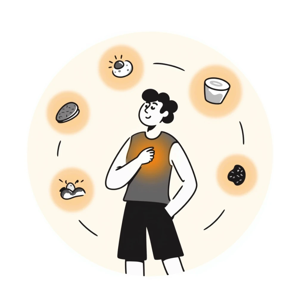 A warm glowing orb with food icons (meat, egg, beans, tofu, yogurt) orbiting around a semi-transparent muscular human body. The body is illuminated from within, with subtle muscle fibers that vibrate and expand. sticker