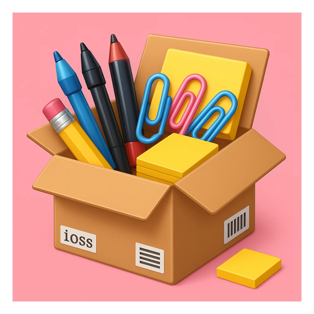 a cardboard box with assorted office supplies like pens, paper clips, and sticky notes spilling out in emoji style with a pink background sticker
