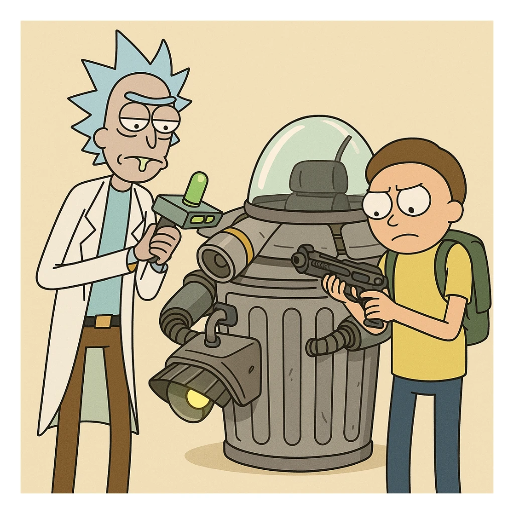 Rick and Morty preparing for new adventune. The're checking their equipment. And they trashcan space ship sticker