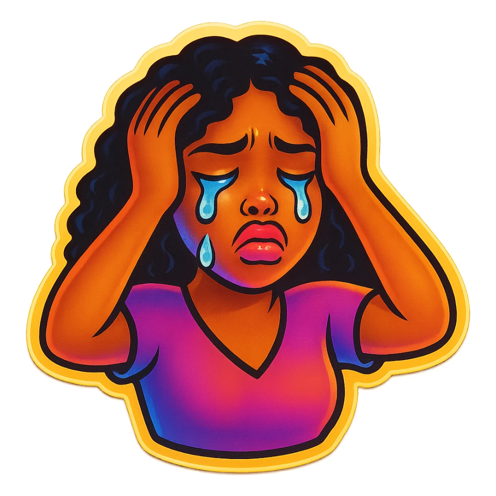 Crying Tears rolling down face 
Mouth Pout
hands on head 
head down
 sticker