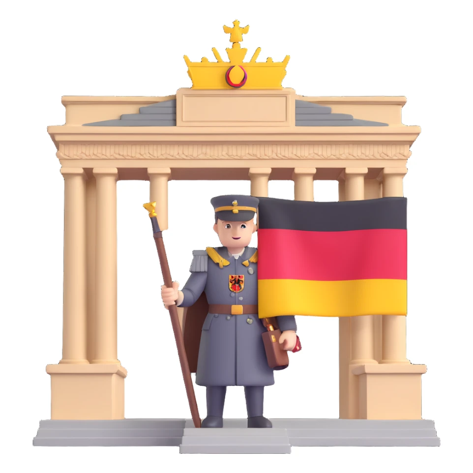 Add more German symbolism to the universal character in 3D style, including the German coat of arms, flag, and possibly the silhouette of the Brandenburg Gate or other recognizable German elements. Keep the 3D style and transparent background. sticker