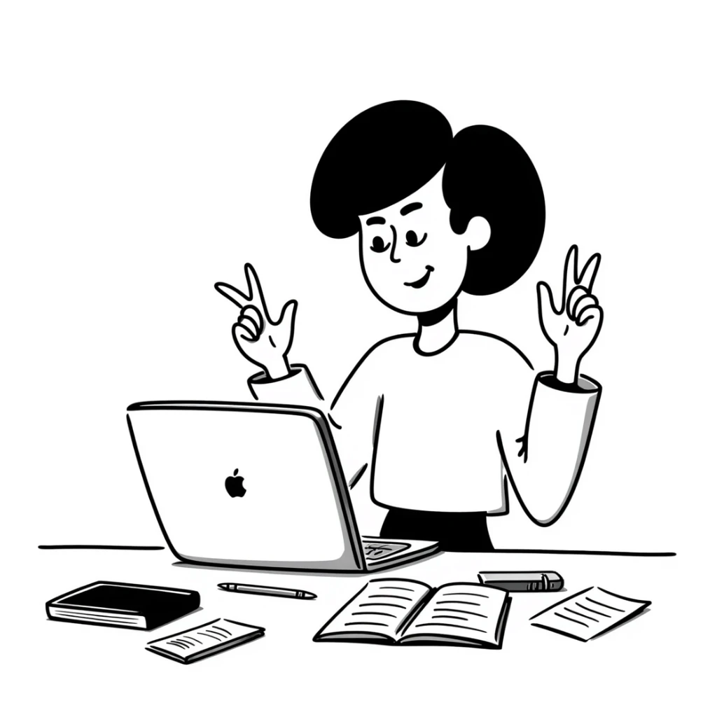 A smiling musician sitting at a desk with a laptop, raising hand during class sticker