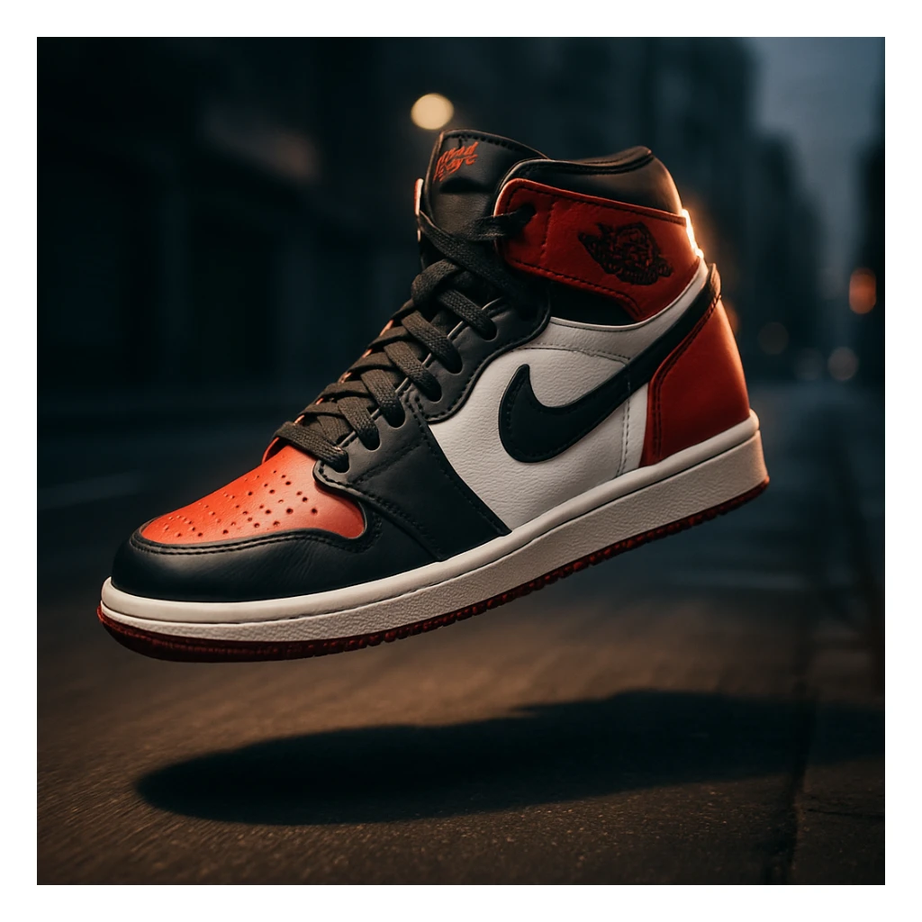 “A high-resolution image of an iconic Air Jordan sneaker floating in mid-air with dramatic lighting, shadow underneath, glowing edge highlights, bold red, black, and white color scheme, urban street background blurred, sharp focus on the shoe, cinematic depth of field, dynamic angle with motion lines, premium sneaker ad style.” sticker