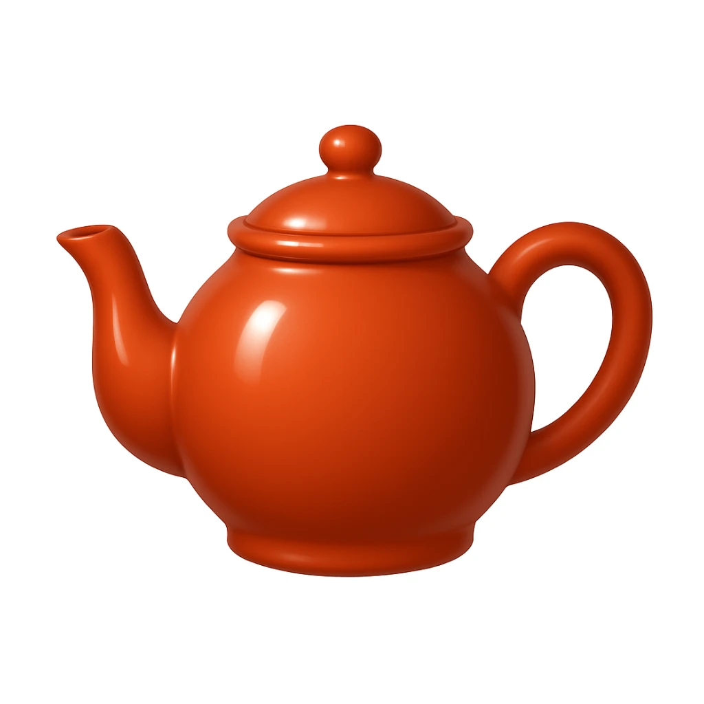 Create a teapot in the same moderate red color as the reference teapot, matching the style and shading of the attached coffee cup emoji. The teapot should have no face and be in the emoji style as shown in the coffee cup emoji. Add a glossy effect to the teapot. sticker