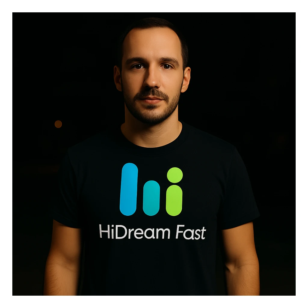 man wearing tshirt with this logo, dark night background with dim , add fast below logo, make man fit into image, add fast insead pf the dev keep rest same sticker