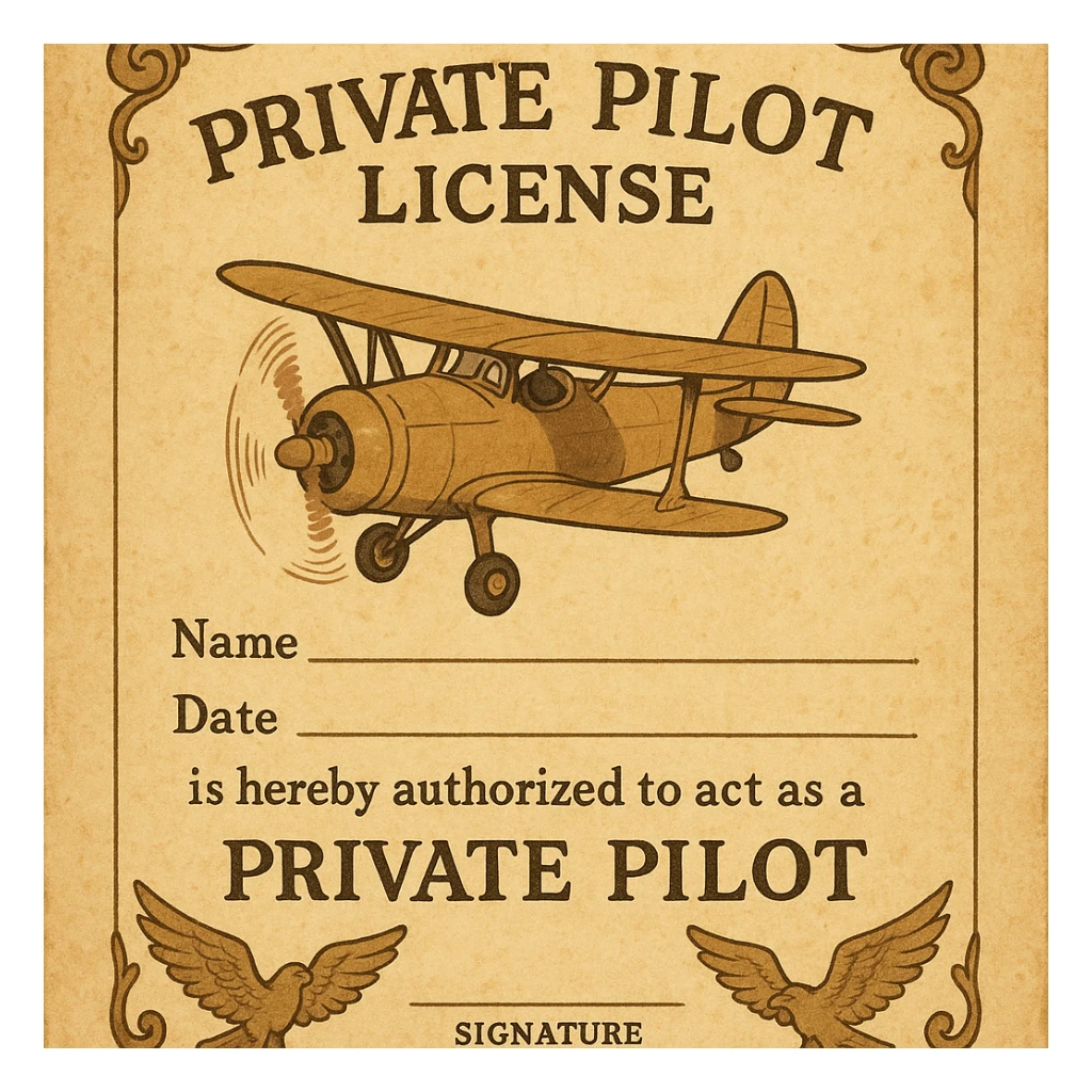 vintage-inspired private pilot license with a parchment background and classic aviation motifs sticker